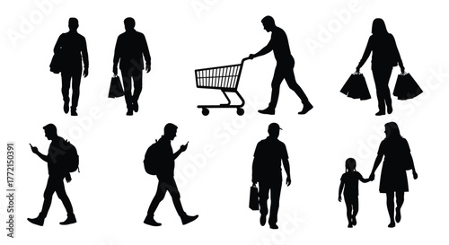 Diverse group of people walking shopping and using mobile phones