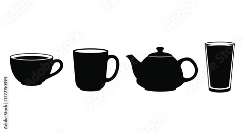 Black silhouettes displaying a teacup mug teapot and tall glass