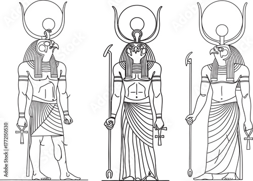 Line art illustration of three ancient Egyptian deities with animal heads, holding staffs and ankh symbols, adorned with symbolic headdresses.
