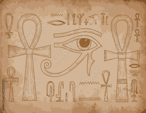 Ancient Egyptian symbols and hieroglyphs, including the Eye of Horus and Ankh, drawn on a vintage papyrus-like background.