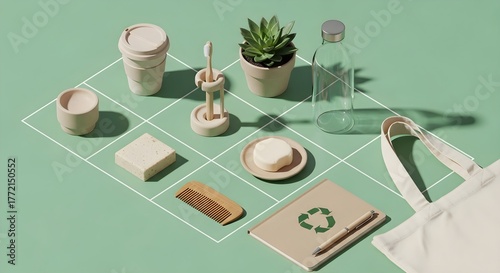 Sustainable living essentials A collection of eco-friendly, natural, and zero-waste products for a greener lifestyle on a light green background with grid pattern