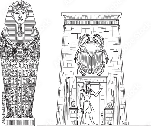 Detailed black and white line art of an ancient Egyptian sarcophagus and a temple gate adorned with a scarab beetle and deity.