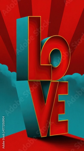 Wallpaper Mural Bold Retro Style Illustration of LOVE with 3D Typography Against Red and Blue Backdrop Torontodigital.ca