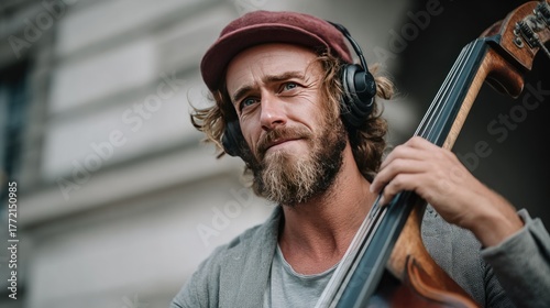 Wallpaper Mural Street Musician Playing Double Bass with Headphones in Urban Setting Torontodigital.ca
