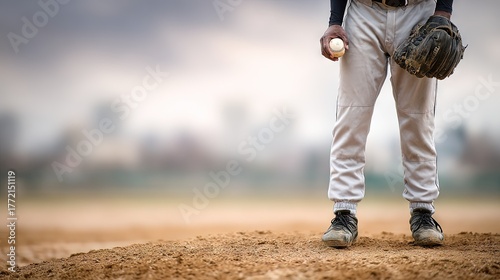 photo of a pitcher standing on the pitcher mound holding the ball in one hand and wearing a glove in the other