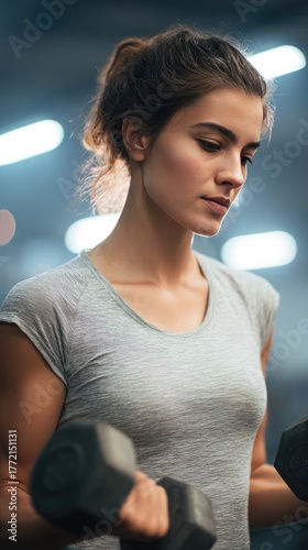 Wallpaper Mural Focused Woman Lifting Dumbbells in Modern Gym Environment Torontodigital.ca