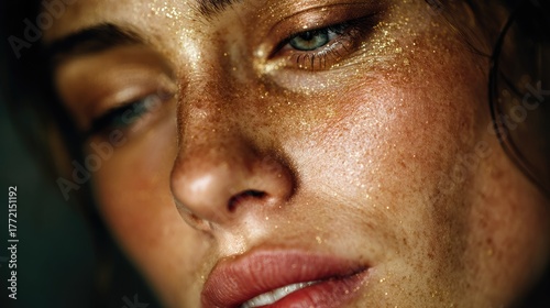 Wallpaper Mural Close-Up Portrait of Woman with Freckles and Gold Glitter on Face Torontodigital.ca