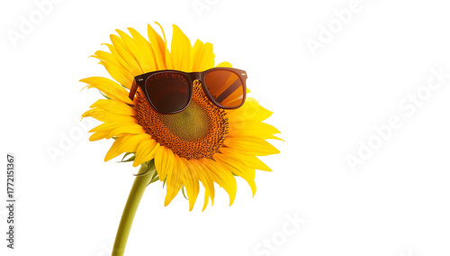 Bright and cheerful sunflower with large dark brown center and vivid yellow petals, isolated on white background, symbol of summer freshness and natural beauty