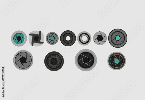 Collection of various camera lens aperture and shutter icons.