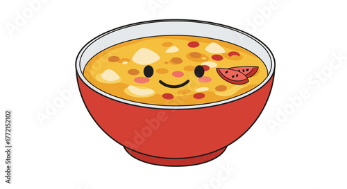 Cheerful bowl of delicious soup with a smiling face.