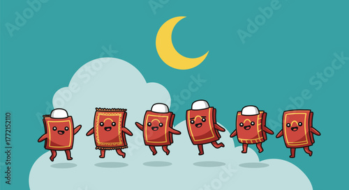 Cartoonish books dancing under the moon in the night sky.