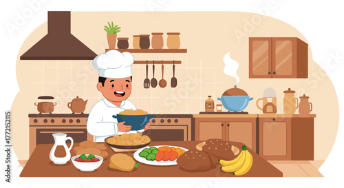 Chef in the kitchen preparing and serving delicious food for everyone.