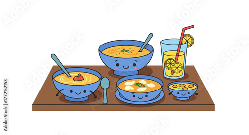 Cute cartoon bowls of soup and a glass of lemonade on a wooden tray.