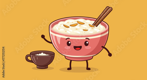 Cute cartoon bowl of rice porridge with a cup of cream.