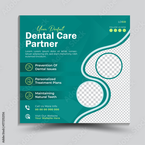 Dental Care Social Media Post or Web Banner Design Suitable for Hospital Clinic. Dentist Salon Business Advertisement Concept, Healthy Teeth Marketing Square Ad, Abstract Print Template With Mockup