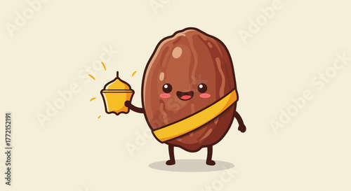 Cute cartoon date fruit holding a lantern, Ramadan Kareem concept.