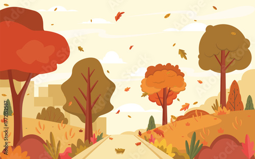 Natural autumn landscape background vector design illustration. Flat design autumnal leaves background. 