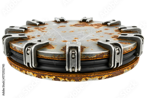 Old rusty sealed metal hatch from a submarine isolated on transparent background