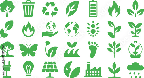  Eco and Sustainability Silhouette Icon Set – Recycle, Tree, Solar Panel, Wind Turbine, Environment, Renewable Energy, Conservation, Vector illustraction