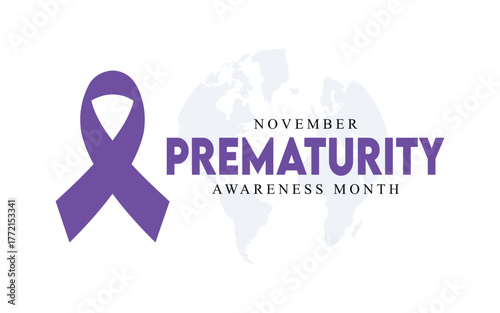 Prematurity Awareness Month Poster – Purple Ribbon with World Map Background for November Health Campaign