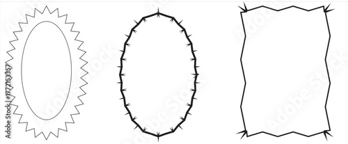 Set of abstract geometric frame shapes — spiky oval, thorn border, and wavy rectangle vector design elements for labels, badges, stickers, and decorative graphic artwork