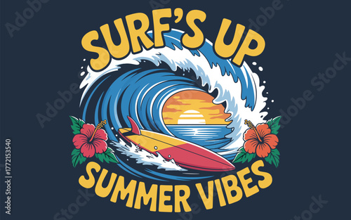 Retro Surfing Logo Design with Breaking Wave and Sunset,  Vintage beach emblem featuring blue and white surf wave, golden sun, and red accent on dark teal background.