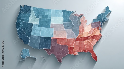 Color-coded United States Map Showing Regional Data in Blue and Red Tones for Business or Demographic Analysis