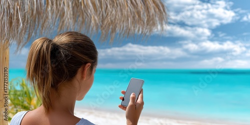 woman at tropical beach resort checking smartphone, there is an office cubicle on smartphone 