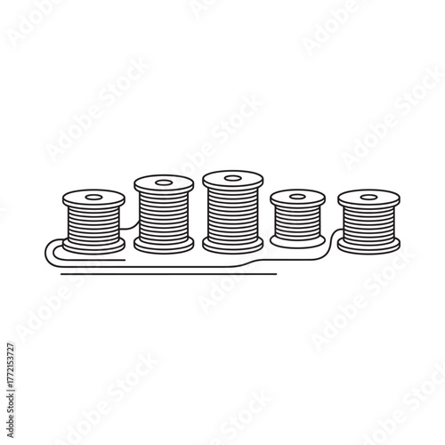 Illustration of five spools of thread in a line