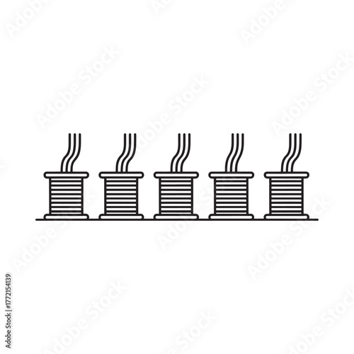 Row of vintage sewing spools with thread in a simple line drawing