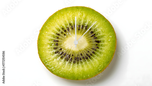 Freshly cut kiwi slice shaped like a clock face, vibrant green fruit texture with seeds forming circular pattern, isolated on white background for healthy food and design concept