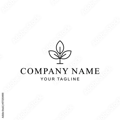 A minimalist black and white logo featuring a stylized plant with three leaves emerging from a stem, placed above the text "COMPANY NAME" and "YOUR TAGLINE".
