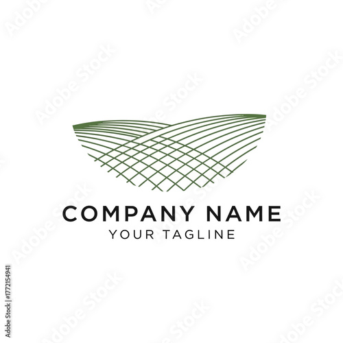 A minimalist logo design of green intersecting lines forming rolling hills or agricultural fields, with placeholder text.
