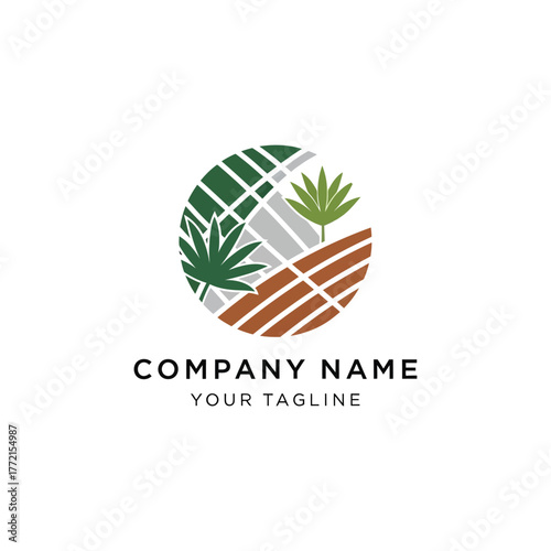 Circular logo design with cannabis leaves on stylized agricultural fields, representing a hemp or marijuana farm.