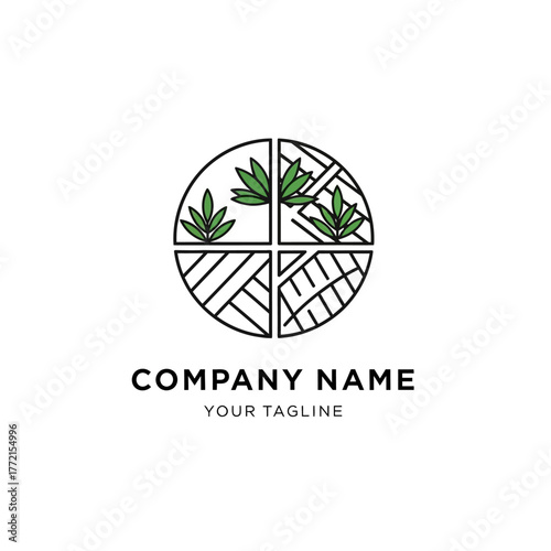 Circular logo design featuring cannabis leaves and abstract geometric patterns, representing growth and cultivation.