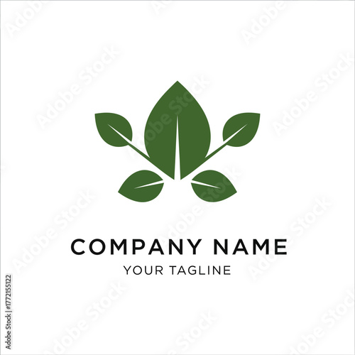 A minimalist green leaf logo design with a company name and tagline below.