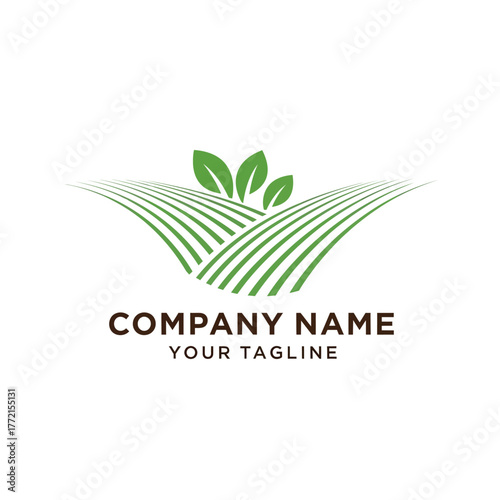 Logo design featuring green fields and leaves, suitable for an agricultural company.