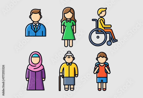 Diverse group of people icons representing different ages genders and abilities.
