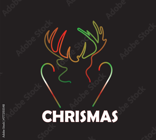 Elegant Deer Vector Design Celebrating Festive Season with Candy Canes Decorative Elements over Solid Background, White Sans Serif "Chrisma" Wordmark