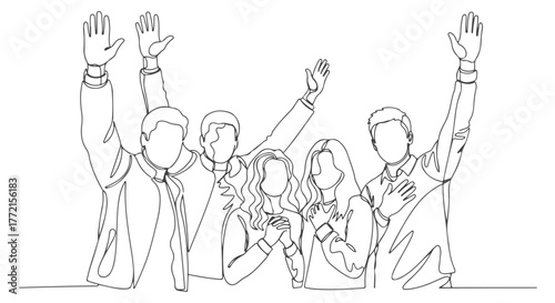 Continuous line art drawing of group of people raising hands in one line