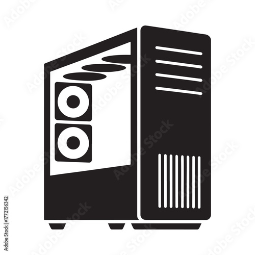 Black silhouette of a modern computer tower case with fans