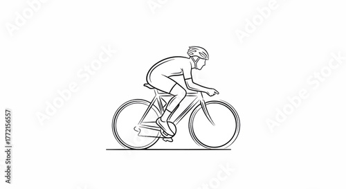 A cyclist in aerodynamic crouch pedals a racing bicycle, helmeted, focused on the roadline on track!