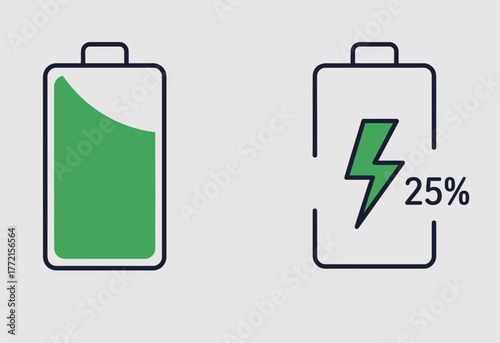 Set of battery status icons showing charge level and charging symbol.