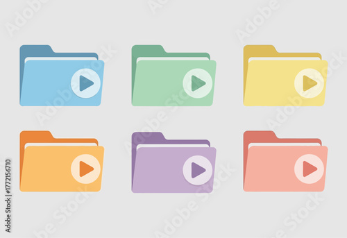 Set of six colorful flat design video folder icons.