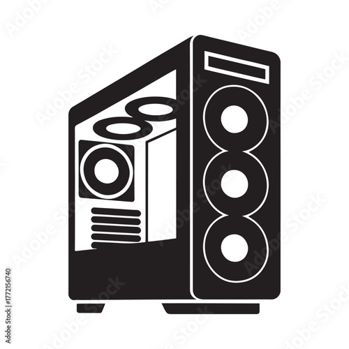 Black and white illustration of a computer tower with internal components visible