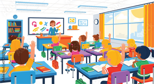 Bright classroom scene teacher at front, students raising hands, colorful desks and books. Busy day
