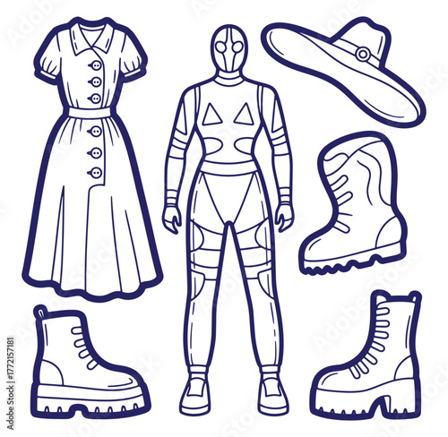 Diverse fashion options from retro dress to futuristic suit and trendy boots illustrated