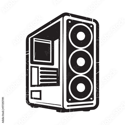 Stylized illustration of a computer tower with multiple fans