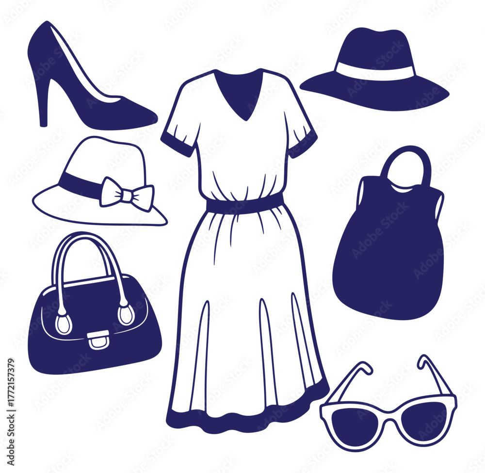 Elegant women's fashion ensemble featuring a dress shoes hats handbags and sunglasses illustration