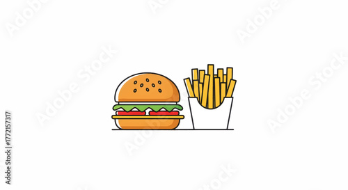 Cartoon burger with sesame bun, crisp lettuce, tomato, cheese, patty, beside a box of fries on tray